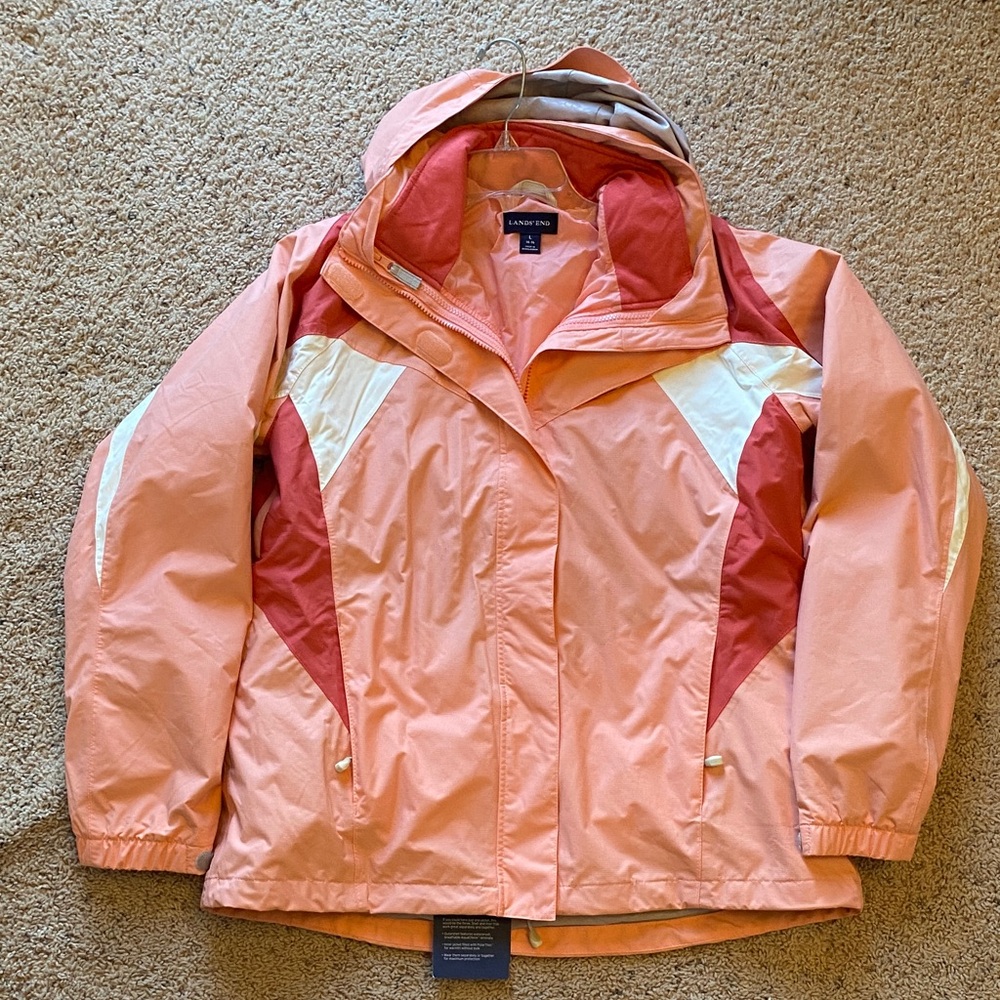 Lands' End NWT Peach Coral Ski Jacket Removable Liner Snow Coat